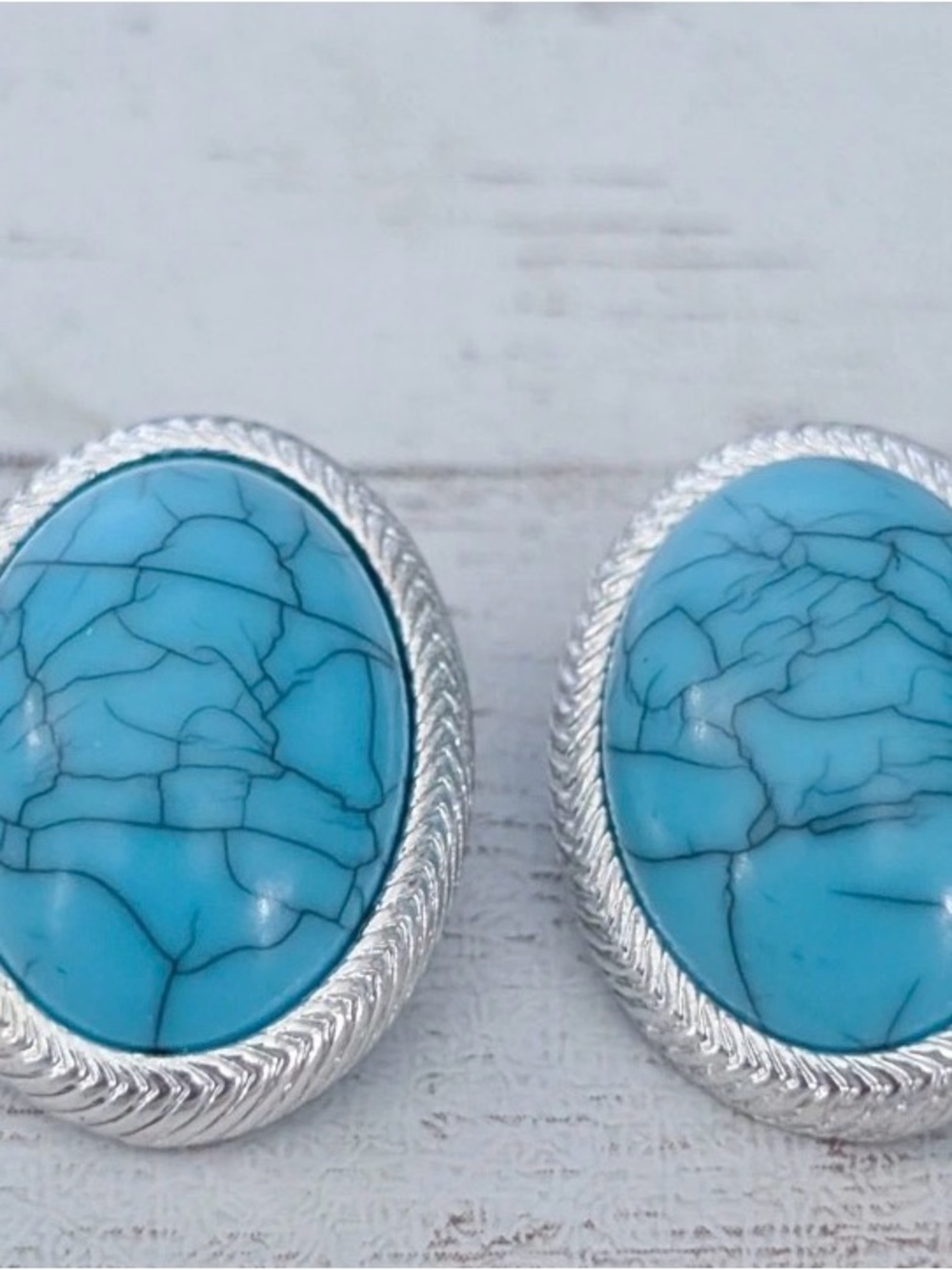 Turquoise Stone Silver Trim Halo Design Clip Earrings